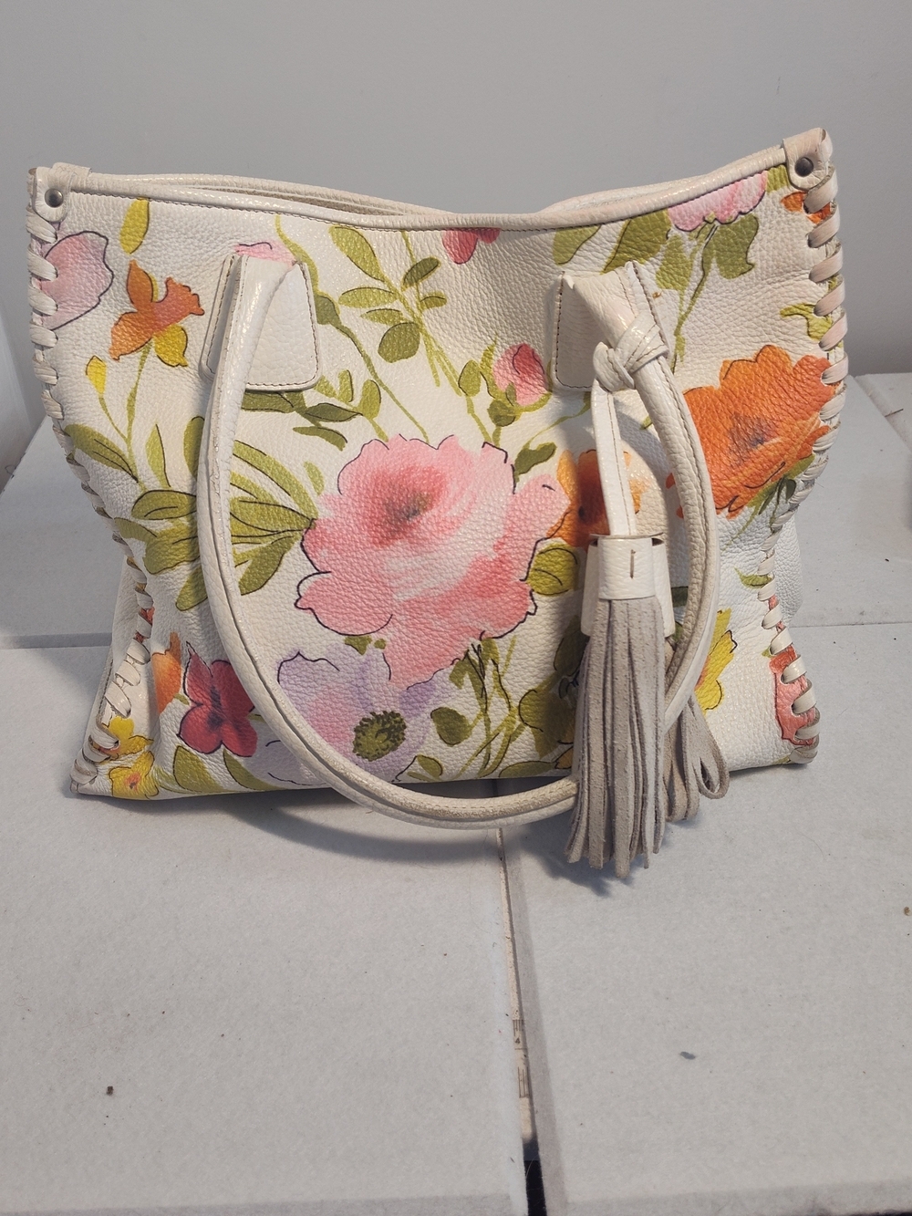 Floral Whipstitch Tassel Tote - Cream with Pink & Orange Flowers